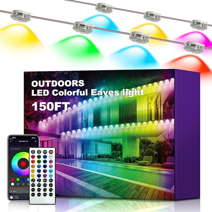 XINKAITE 150FT Permanent Outdoor Lights with 75 LEDs - Smart RGB+IC with 16 Million DIY Colors, IP67 Waterproof, App & Remote Control, Hundreds of Dynamic & Scene Modes for Holidays, Christmas & Home