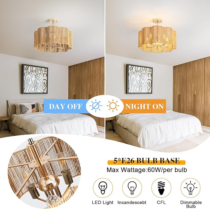 5-Light 19.6'' 2-in-1 Linear-Woven Rattan Ceiling Light - Convertible Flush Mount/Pendant for Kitchen Island & Dining Room, Dimmable with Adjustable Chain + Rod