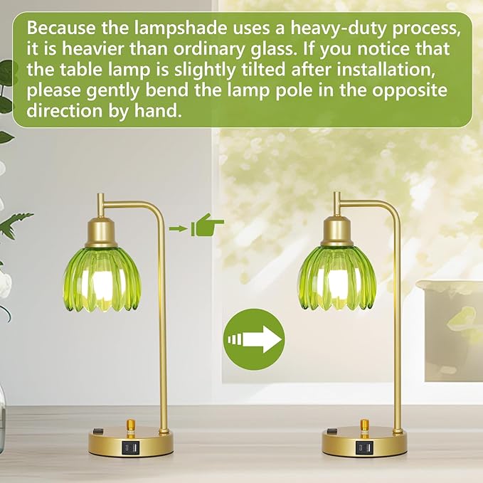 Vintage Table Lamp with USB Port and Outlet Set of 2, Green Glass Bedside Table Lamp For Bedroom, Retro Desk Lamps For Home Office, Mid Century Modern Small Night Stand Lamps, Gold Rustic Desk Light