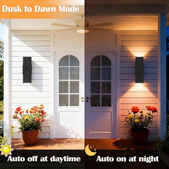 wowlite Motion Sensor Outdoor Wall Lights, Dusk to Dawn Outdoor Lighting with E26 Bulbs Included, 3 Lighting Modes Black Exterior Lighting Fixtures, Aluminum Outside Lights for House Porch Yard 2 Pack