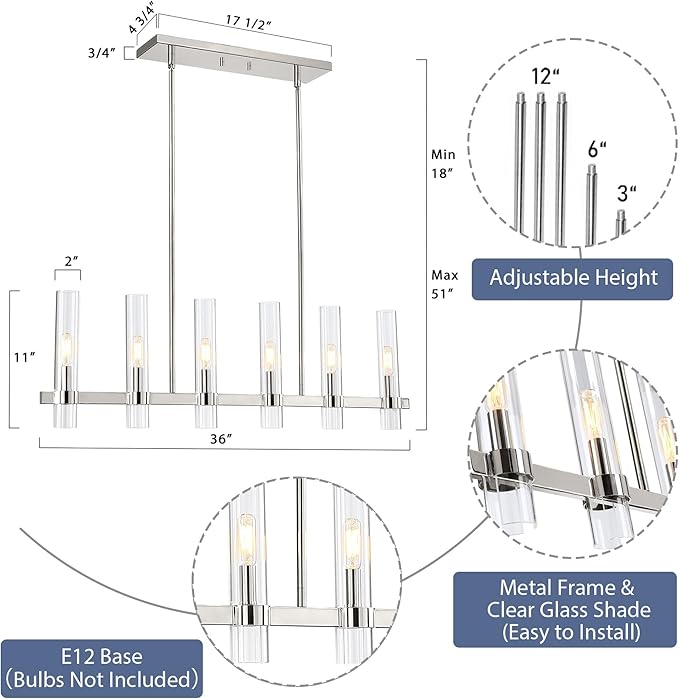 Untrammelife Polished Nickel Linear 6-Light Chandelier with Glass Shades, 36-inch Adjustable Height Modern Pendant Lighting for Kitchen Island & Dining Room, Dimmable Indoor Hanging Light Fixture