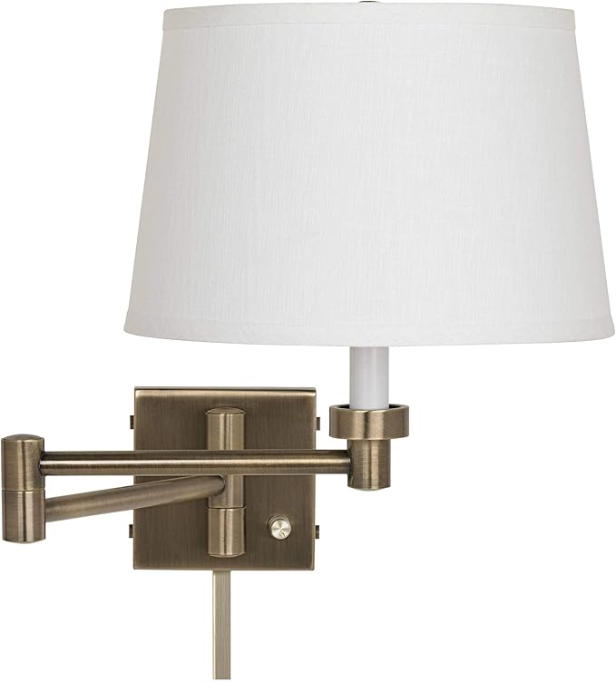 Barnes and Ivy Modern Swing Arm Wall Lamp with Cord Cover Antique Brass Plug-in Light Fixture Dimmable White Linen Drum Shade for Bedroom Bedside House Reading Living Room Home Hallway Dining