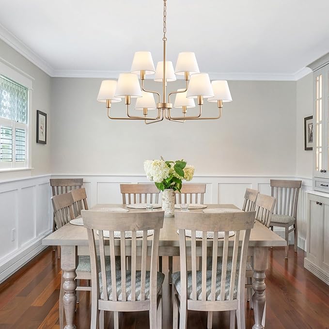 9-Light Gold Chandelier Light Fixture with White Fabric Shades, 33 inch Modern Farmhouse Dining Room Light Fixtures, 2 Tiered Lantern High Ceilings Pendant Light for Foyer Entryway Living Room Kitchen