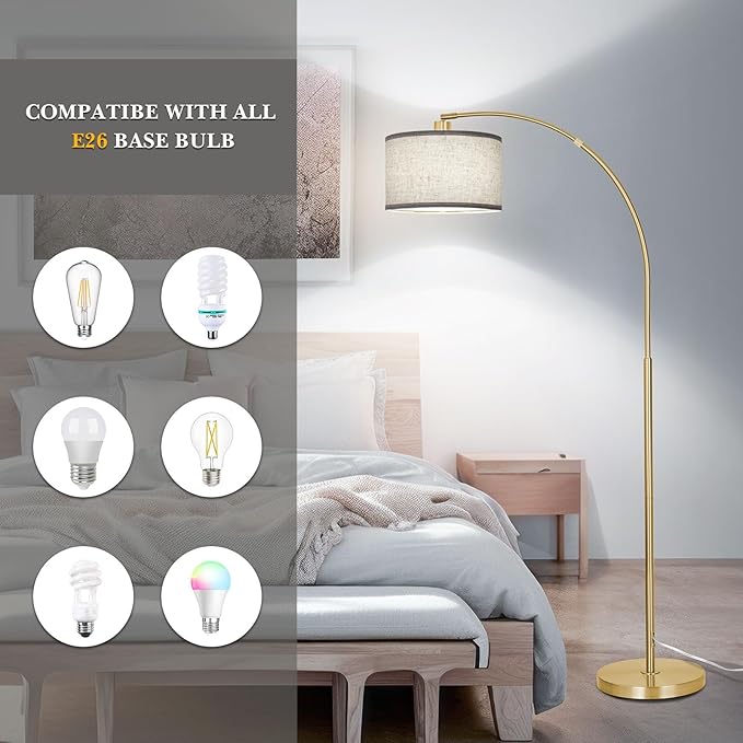 Gold Arc Floor Lamp for Living Room, Floor Lamp with Adjustable Drum Lampshade, Modern Tall Standing Lamp with Foot Switch, Over Couch Arched Pole Lamps for Reading Bedroom, 8W LED Bulb Included