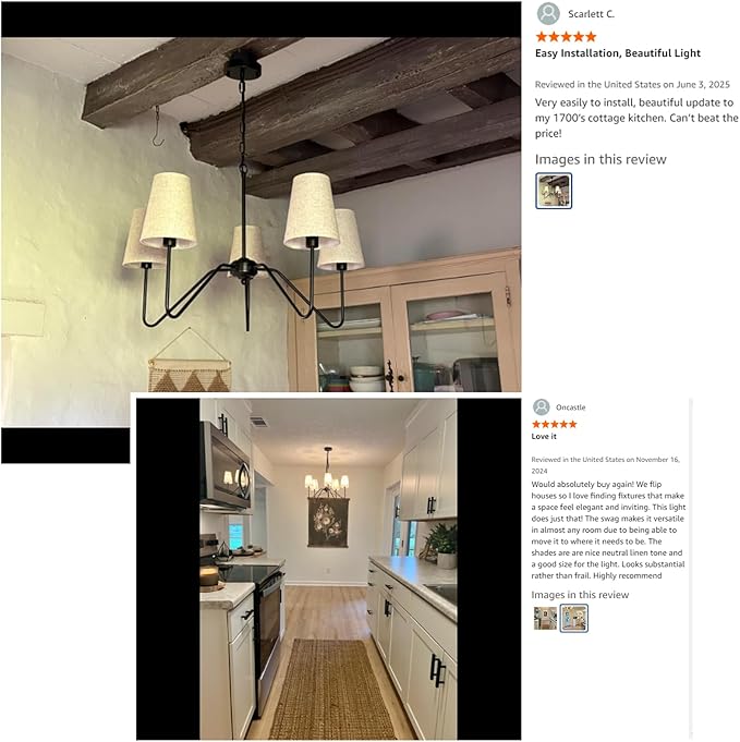 Chandelier with Linen Shade, Black Dining Room Light Fixtures Over Table, Classic Pendant Light Fixtures Ceiling Hanging Lighting for Living Room Bedroom, 5-Arm, 30" Dia