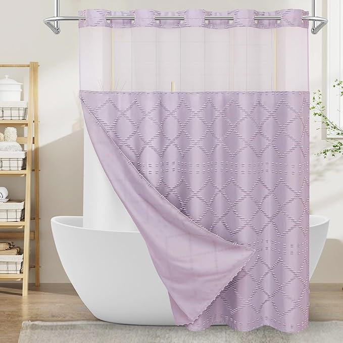 Boho Lavender Woven Fabric Shower Curtain 72 x 80 Modern Farmhouse, No Hooks Tufted Chevron Striped Shabby Chic Textured, Minimalist Cloth Curtain for Bathroom, Hotel Decor