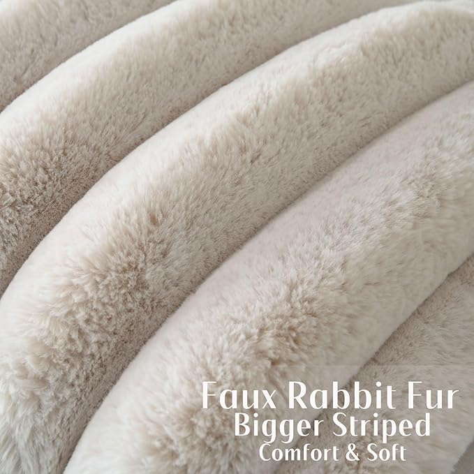 FUTEI Beige Decorative Throw Pillow Covers 26x26 Inch Set of 2, Square Soft Faux Rabbit Fur Big Striped Pillow Sham,Home Decor for Couch Sofa Bed Living Room