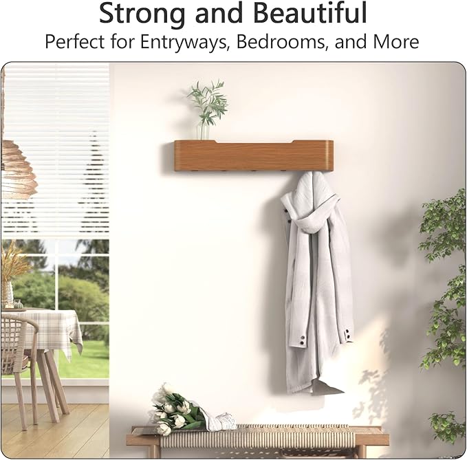 Coat Rack Wall Mount with Hidden Hooks Entryway Hanging Shelf Modern Wood Coat Hanger for Bedroom Kitchen Hallway Bathroom (Walnut, 20.9 Inch Long)