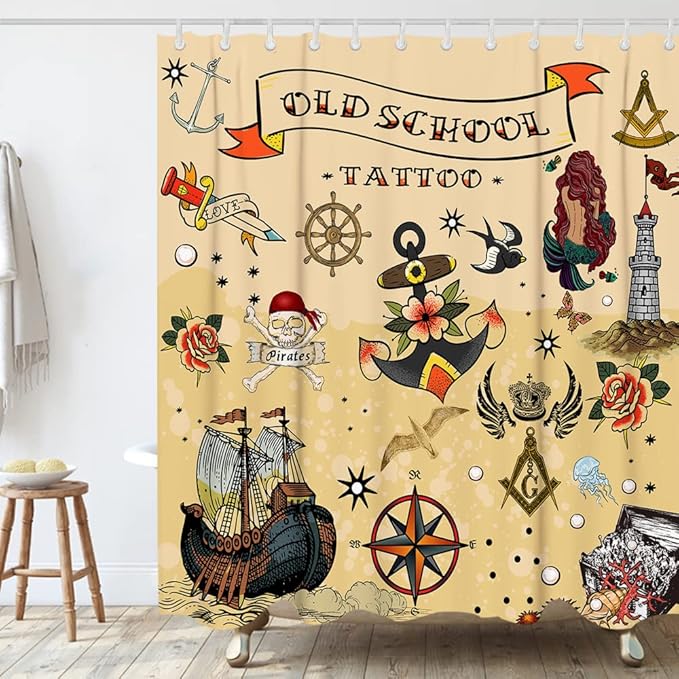 Tattoo Mermaid Skull Theme Bathroom Bathtubs Fabric Nautical Shower Curtain Cute Trendy Shower Curtain Set with 12 Hooks 72x72 inches Polyester Machine Washable, Brown and Yellow