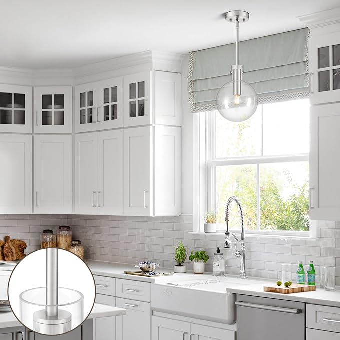 Brushed Nickel Pendant Lights Kitchen Island, 1-Light 8" Large Globe Glass Hanging Light Fixtures with Clear Glass, Modern Kitchen Pendant Lighting Over Island for Sink Bathroom, OS-JJ528-1PBN