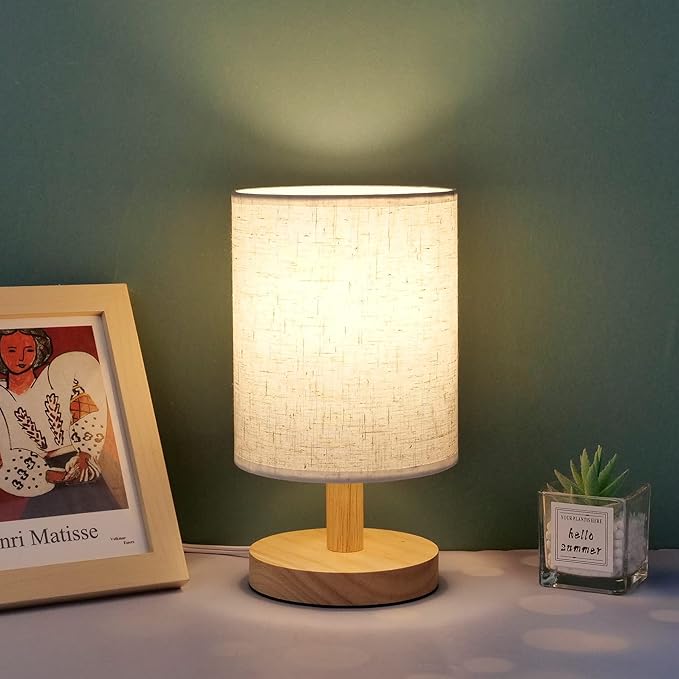 Small Table Lamp Mini Bedside Night Light Wooden Simple Desk Nightstand Lighting with Linen Shade for Bedroom, Living Room, Kids Room (Including LED Bulb) (Round)