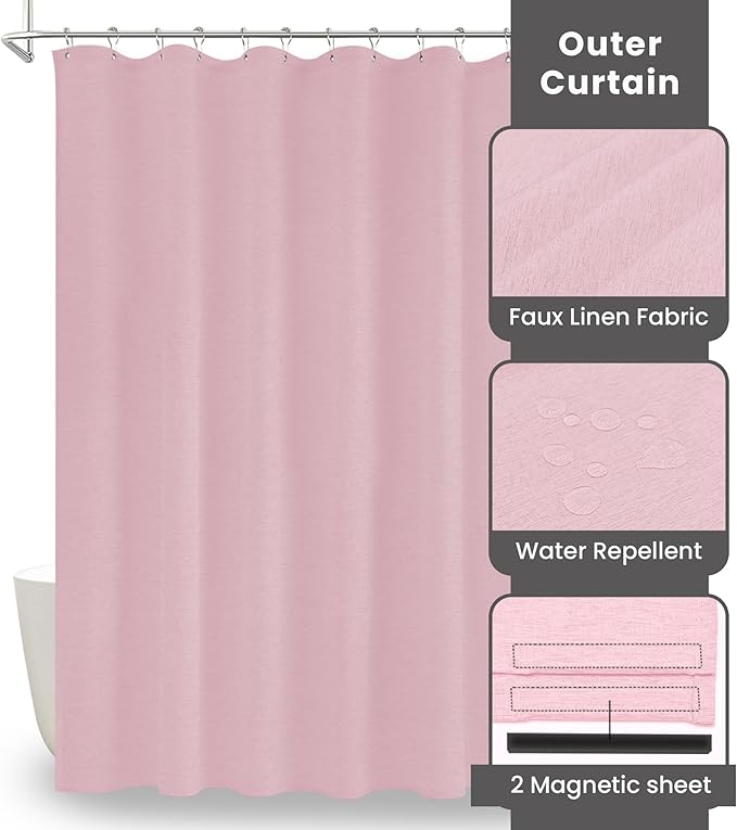 Inhousolu Boho Farmhouse Shower Curtain with Fabric Liner Set, Faux Linen Textured, 14 Metal Hooks Luxury Weighted Hem, Washable Wrinkle Free Bath Curtain for Hotel Bathroom 72" W x 84" L Pink