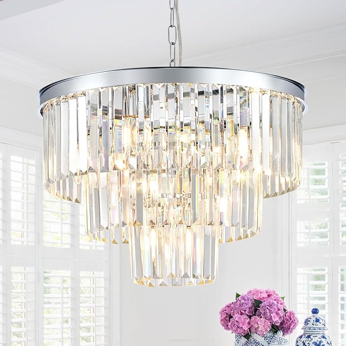 20” Modern Crystal Chandeliers, Chrome Round Chandeliers for Dining Room 3 Tiers 7 Lights Luxury K9 Crystal Ceiling Pendant Light Fixture for Foyer Bedroom Closet