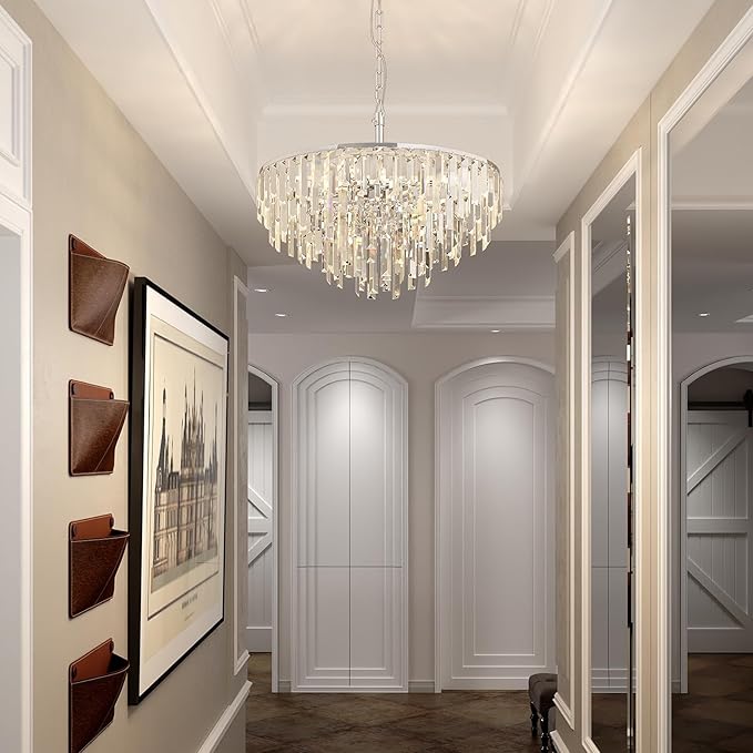 Chrome Crystal Chandelier for Dining Room, 24" Modern Round Chandeliers 5-Tier 8 Lights Adjustable Ceiling Light Fixture K9 Raindrop Crystal Pendant Lamp for Living Room Bedroom Foyer