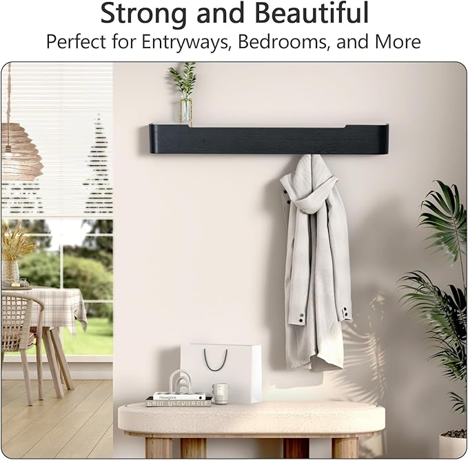 Coat Rack Wall Mount with Hidden Hooks Entryway Hanging Shelf Modern Wood Coat Hanger for Bedroom Kitchen Hallway Bathroom (Black,32.7 Inch Long)