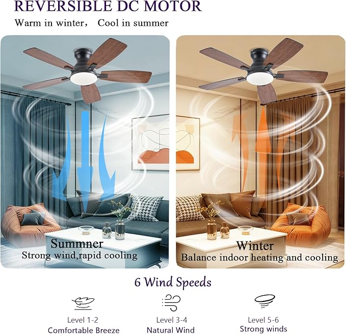 42inch Ceiling Fans with Lights, Low Profile Ceiling Fan with Light and Remote/APP Control, DC Reversible Motor, Noiseless, Flush Mount, Brown Ceiling Fan for Bedroom Indoor/Outdoor Use