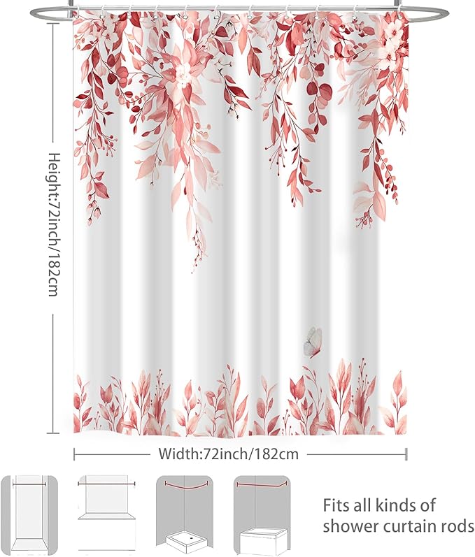 Eucalyptus Shower Curtain, Pink Watercolor Leaves with Floral Botanical Bathroom Decor, Waterproof Fabric Bath Curtain Set with Hooks, 72x72 Inches