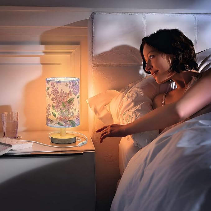 Table Lamp Purple Lilac Flower Bee Butterfly Nature Floral Nightstand Lamp with Wood Base Fabric Lamp Shade Bedside Desk Lamp for Living Room Bedroom Kids Room Office