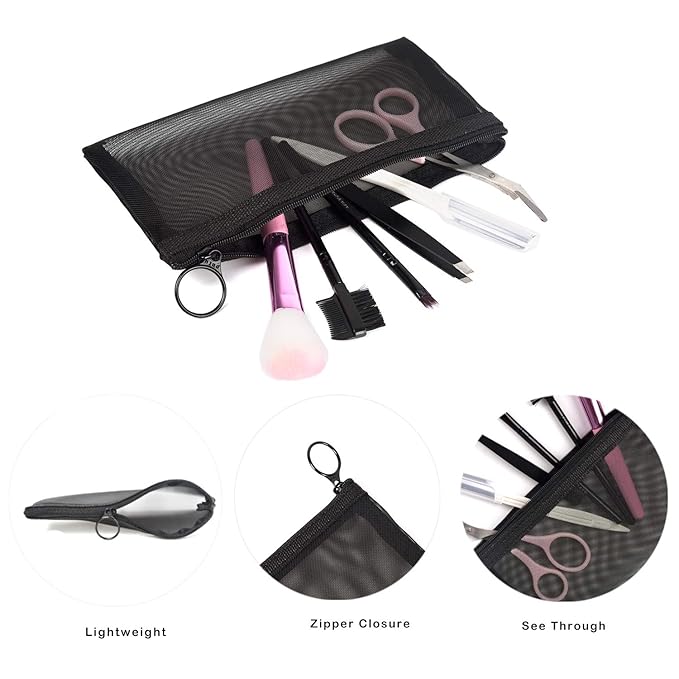 patu Zipper Mesh Bags, Long Case, 5 Pieces, Beauty Makeup Cosmetic Accessories Organizer, Travel Toiletry Kit Set Storage Pouch, Black
