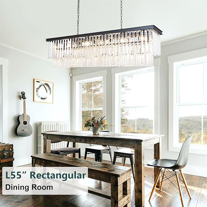 Modern Rectangular Crystal Chandelier, Farmhouse 21 Light Rectangle Chandeliers Hanging Ceiling Light Fixtures for Dining Room Kitchen Island, Living Room, Bedroom