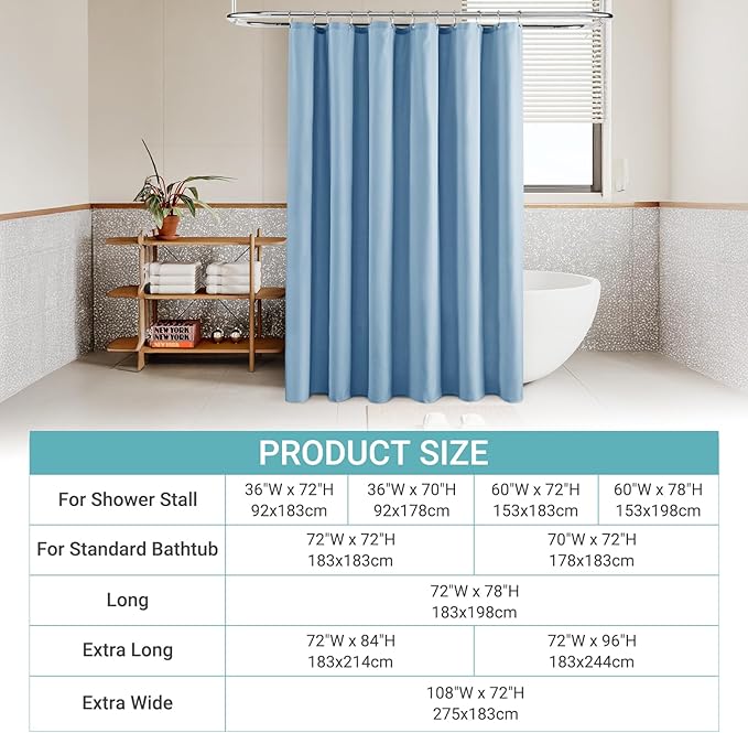 Extra Long Blue Linen 96 Inch Shower Curtain Neutral Modern Bath Drapes Set 96 Inch Long with Hooks XLong Tall Farmhouse Boho Shower Curtains for Bathroom, Blue Grey, 72x96
