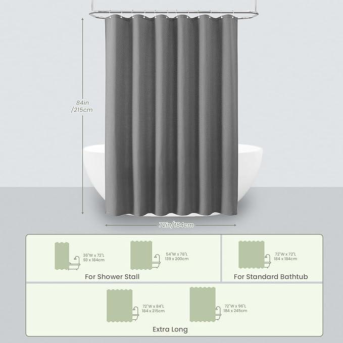 Inhousolu Fabric Shower Curtain Waffle Weave, 230 GSM Heavy Duty, Weighted Hem, 14 Metal Hooks, Water Repellent, Machine Washable, Hotel Spa Luxury Bath Curtain Set, 72 x 84 Inch, Grey