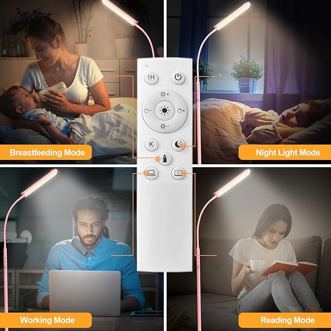 Pink LED Bright Floor Lamp with Remote & Smart Plug, Dimmable Eye-Caring Reading Light for Living Room, Bedroom, Office