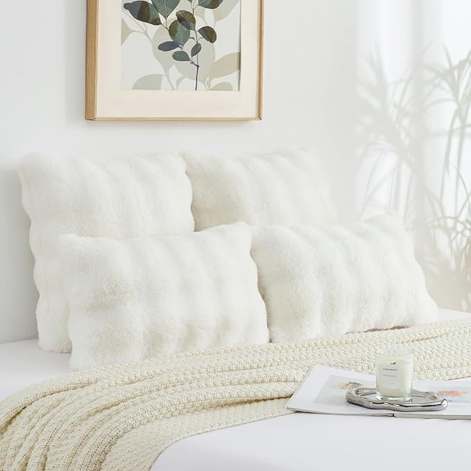 FUTEI Cream White Decorative Throw Pillow Covers 16x16 Inch Set of 2,Soft Fuzzy Faux Rabbit Fur Cushion Covers with Raised Texture,Neutral Boho Home Decor for Couch Bed Living Room