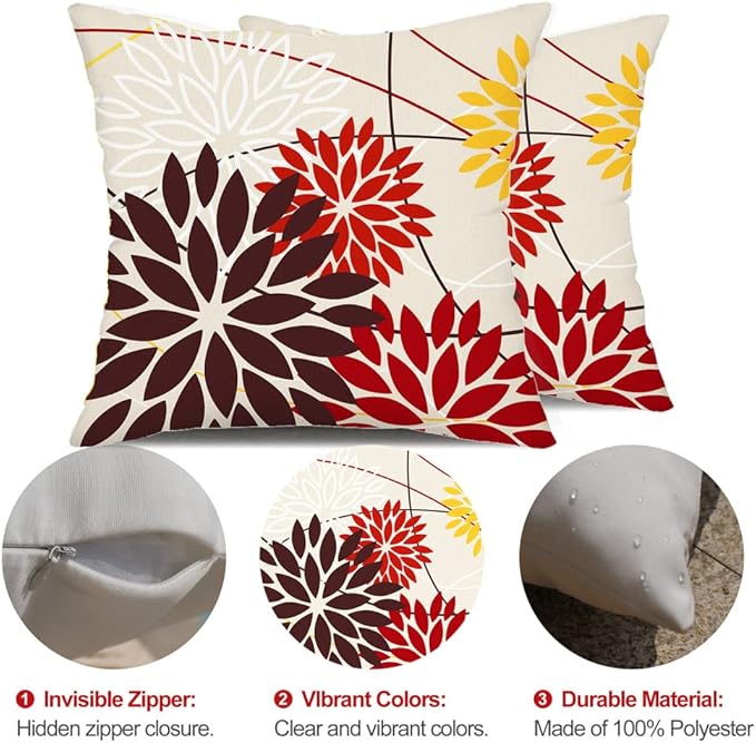 Red Brown Outdoor Pillow Cover 20X20 Inch Set of 2 Outdoor Waterproof Fall Floral Brown Decorative Pillowcase Decor for Couch Patio Funiture Garden Print Polyester Cushion Cover 01K20