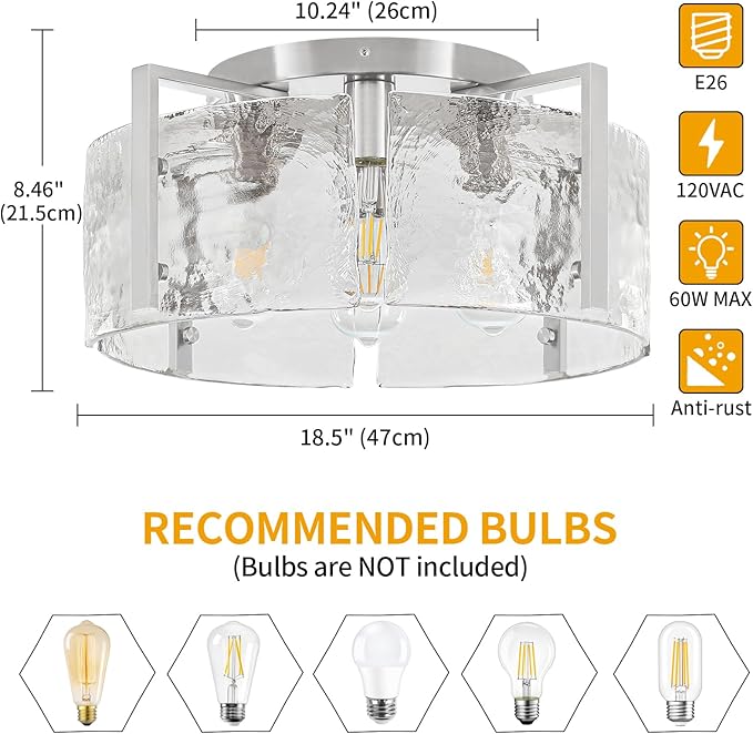 18.5'' Modern Brushed Nickel Semi Flush Mount Ceiling Light, Hallway Light Fixtures, 4-Light Glass Ceiling Lights for Entryway Kitchen Dining Room Foyer Bedroom Living Room Lighting Fixtures,UL-Listed