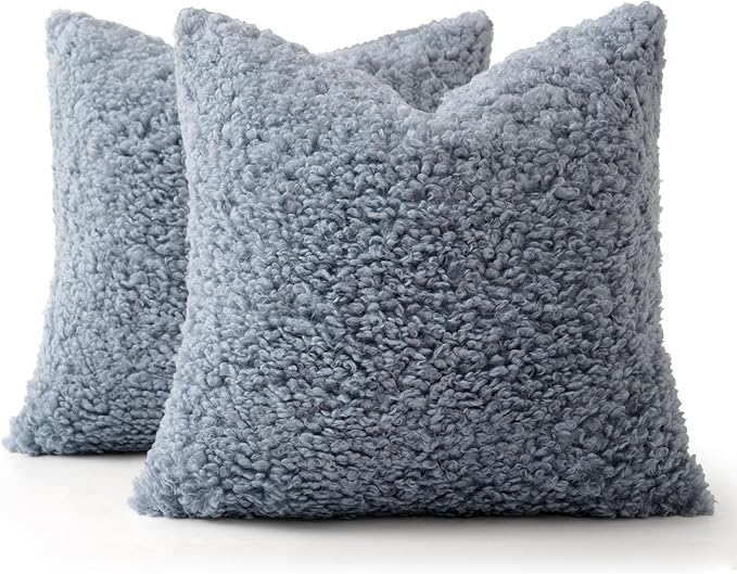MIULEE Pack of 2 Dusty Blue Faux Fur Throw Pillow Covers 18x18 Inch Boucle Decorative Sherpa Pillow Covers Fuzzy Accent Soft Sheepskin Fleece for Boho Home Decor Sofa Living Room Couch Bed
