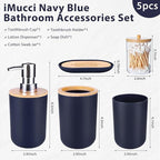 iMucci Bathroom Accessories Set 5Piece Navy Blue Bathroom Sets, Toothbrush Holder, Toothbrush Cup, Lotion Soap Dispenser, Soap Dish and Qtip Holder Bathroom Decor