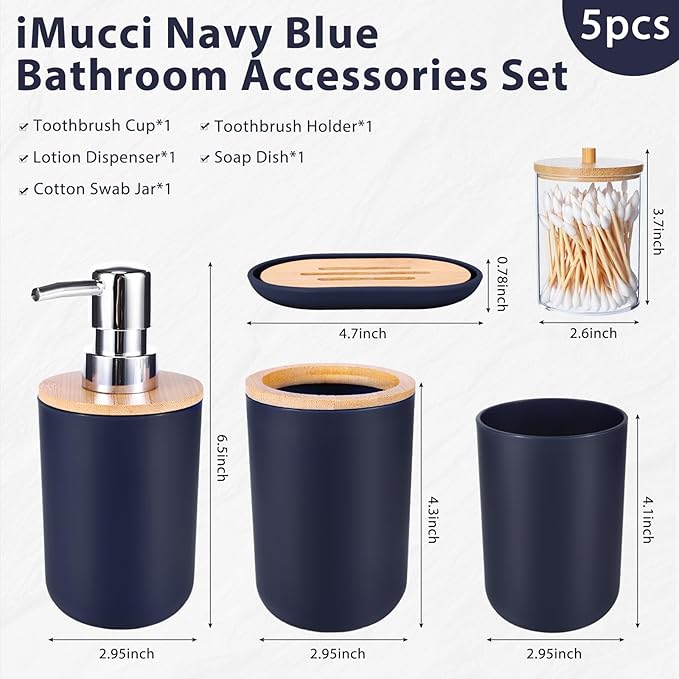 iMucci Bathroom Accessories Set 5Piece Navy Blue Bathroom Sets, Toothbrush Holder, Toothbrush Cup, Lotion Soap Dispenser, Soap Dish and Qtip Holder Bathroom Decor
