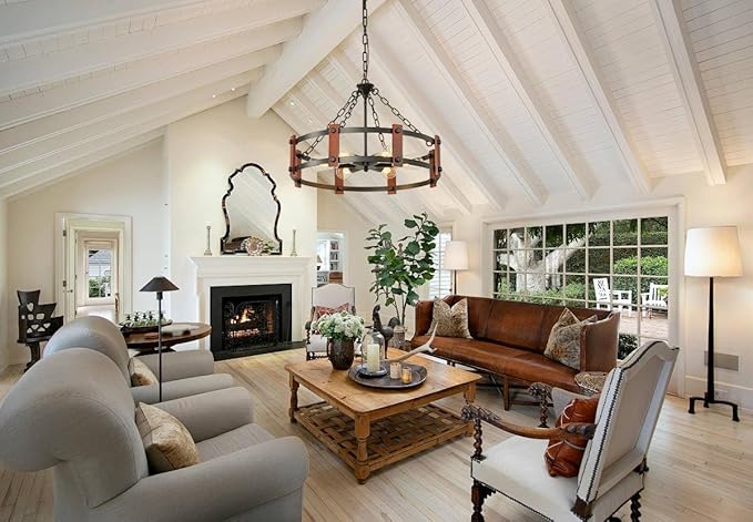 Farmhouse Wood Chandelier,23 Inch Black Modern Rustic Vintage Hanging Pendant Ceiling Light Fixture for Dining Room Bedroom Kitchen Island Hallway Foyer Entryway（6 Light
