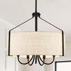 18'' Black Drum Chandelier for Dining Room Light Fixture 5-Light Modern Farmhouse Chandelier with Beige Linen Fabric Lampshade Large Drum Pendant Light Fixture for Kitchen Living Room Bedroom