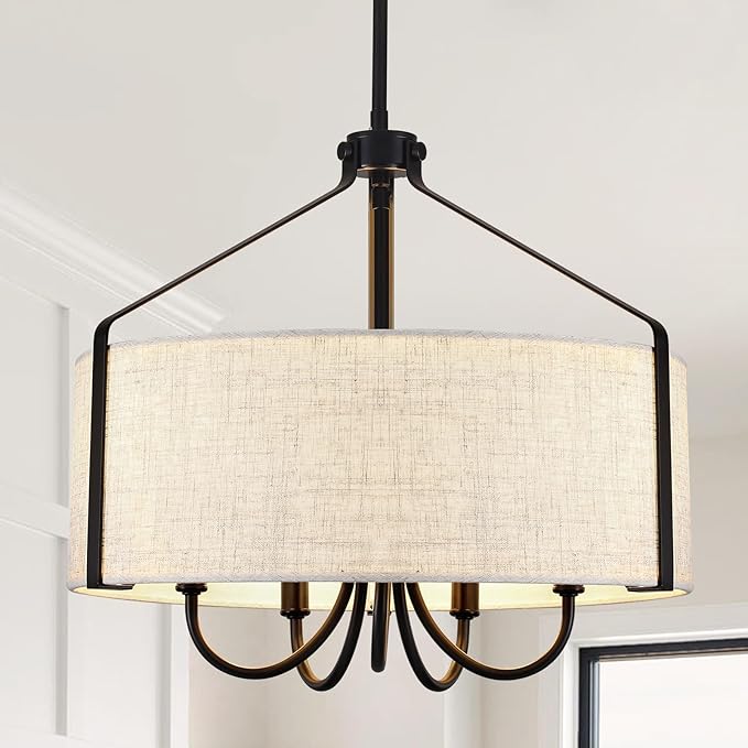 18'' Black Drum Chandelier for Dining Room Light Fixture 5-Light Modern Farmhouse Chandelier with Beige Linen Fabric Lampshade Large Drum Pendant Light Fixture for Kitchen Living Room Bedroom