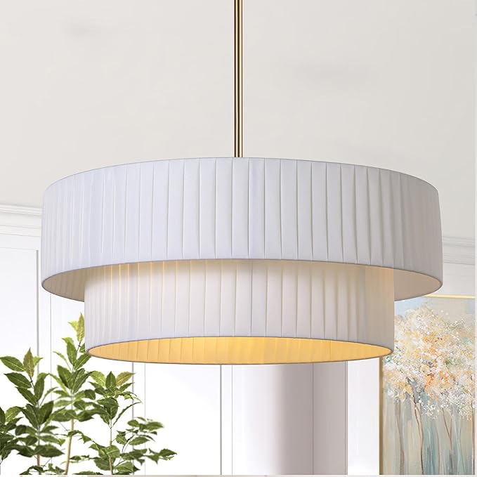 LamQee 20” Modern Drum Chandelier, 2-Tier Semi-Flush Mount Pendant Light Fixtures, 3-Light Hang Ceiling Lamp Hallway Lights Fixture with White Fabric Lampshades