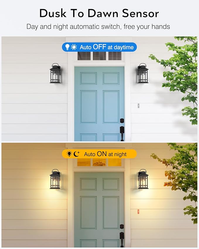 Porch Lights Outdoor, 2 Packs Dawn to Dusk Outside Light Fixture, Aluminum Patio Light Fixture with Seeded Glass, Outdoor Sconce Lights for Garden, Exterior Wall Lantern Wall Mount for Garage