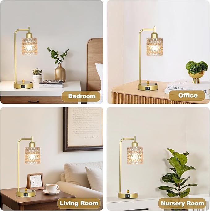 Amber Table Lamp with USB Port and Outlet Set of 2, Glass Bedside Table Lamp for Bedroom, Retro Desk Lamps for Home Office, Mid Century Modern Small Night Stand Lamps, Gold Rustic Desk Light