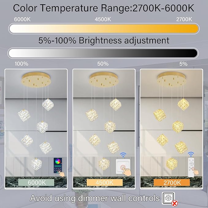 6-Lights Chandeliers for Dining Room Modern Gold Chandeliers for High Ceilings Crystal Pendant Light Fixture for Living Room Kitchen Island Foyer Hallway Bar