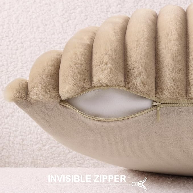 Pallene Faux Fur Plush Throw Pillow Covers 24x24 Set of 2, Luxury Soft Fluffy Striped Decorative Pillow Covers for Sofa, Couch, Living Room, Khaki
