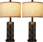 26" Set of 2 Farmhouse Table Lamp, 3-Way Dimmable Touch Control with Nightlight, 2 USB Ports + AC Outlet Vintage Rustic Bedside Lamp for Living Room Bedroom and Nightstand (Black-2 Pack)