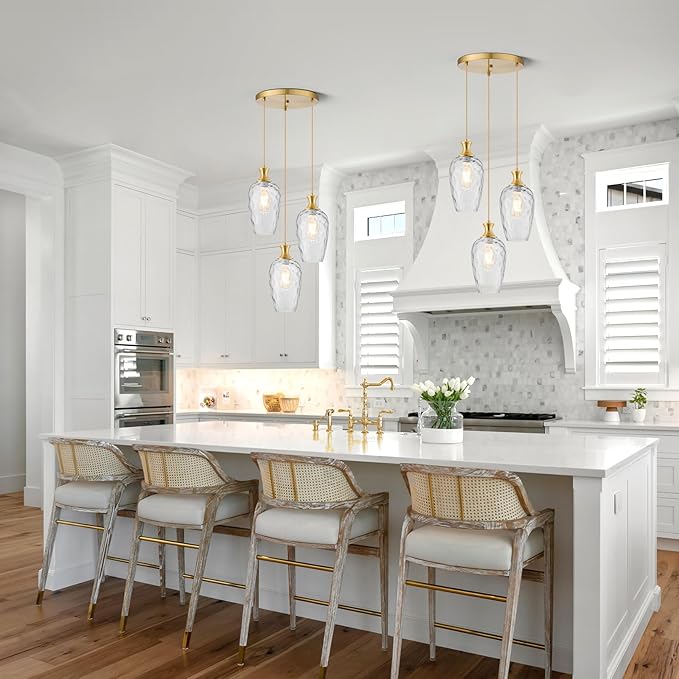 3-Light Pendant Lighting, Modern Brushed Gold Dining Room Chandelier Light Fixture Over Table with Hammered Glass, Brass Cluster Hanging Lights for Kitchen Island Dining Room Bedroom, E26