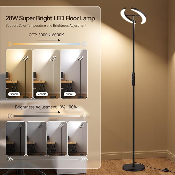 SUNMORY Floor Lamps for Living Room, 28W Bright LED Floor Lamp with 2 Rotatable Lights & Remote Control, 74" Dimmable Tall Standing Lamp, Modern Reading Torchiere Corner Lamp for Bedroom Office, Black