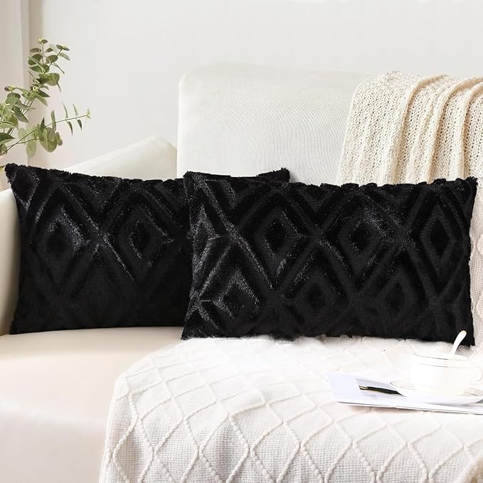 Pallene Black Throw Pillow Covers 12x20 Set of 2, Soft Plush Faux Fur Decorative Lumbar Couch Pillow Covers for Sofa Bed Living Room Pillow Cases with 3D Diamond Pattern