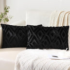 Pallene Black Throw Pillow Covers 12x20 Set of 2, Soft Plush Faux Fur Decorative Lumbar Couch Pillow Covers for Sofa Bed Living Room Pillow Cases with 3D Diamond Pattern