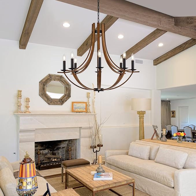 31.5" Large Wooden Chandelier 8-Lights Vintage Farmhouse Candle Style Chandeliers with Wood Finish Metal Industrial Retro Rustic Black Chandelier for Dining Room, Kitchen, Living Room, E12