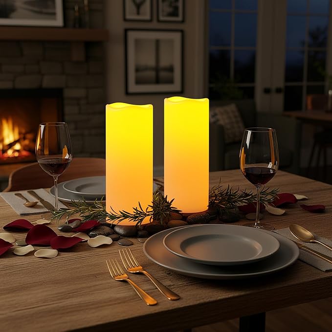 Amagic 2 Pack 10" x 4" Outdoor Plastic Electric flameless Candles with Remote Control and Timer, Battery Operated Flickering LED Pillar Fake Candle for Home, Wedding Decor, Ivory