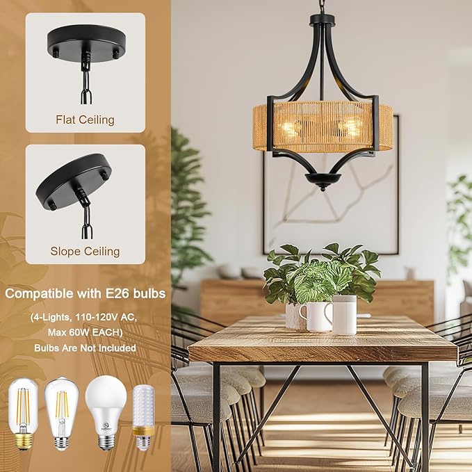 4-Light Rattan Chandelier Light Fixture, 18” Black Metal and Hand-Woven Wicker Shade, Semi-Flush Mount Boho Farmhouse Pendant Lighting for Dining Room, Living Room, Kitchen Island, Bedroom