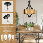 4-Light Rattan Chandelier Light Fixture, 18” Black Metal and Hand-Woven Wicker Shade, Semi-Flush Mount Boho Farmhouse Pendant Lighting for Dining Room, Living Room, Kitchen Island, Bedroom